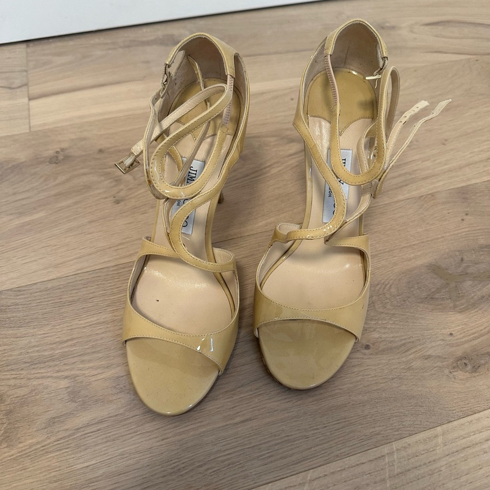 Jimmy Choo Beige Patent Double Buckle Heels 4.5”